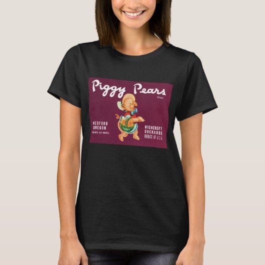 Vintage-Fruchtkisten-Etikettenkunst mit Piggy-Birn T-Shirt (Vorderseite)
