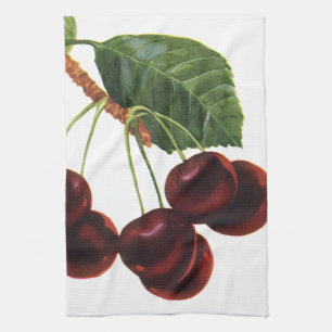 Vintage-Fruchtprodukte, reife Kirschen von einem B Geschirrtuch