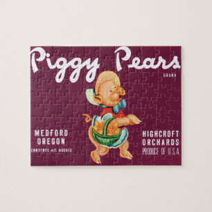 Vintage-Fruchtschachtel-Etikettenkunst mit Piggy B Puzzle
