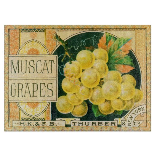 Vintage-Fruchtschachtel-Etikettenkunst, Muskat-Tra Schneidebrett (Vorderseite)