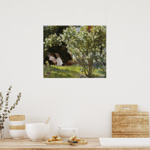 Vintage Frühlings-Landgarten mit weißen Rosen Poster