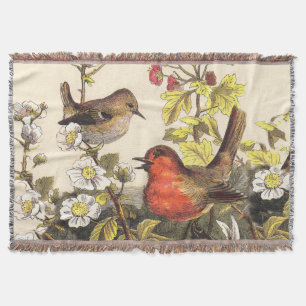 Vintage-Frühlings-Rotkehlchen-Singvögel-Botanik-Bl Decke