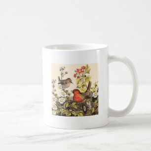 Vintage-Frühlings-Rotkehlchen-Singvögel-Botanik-Bl Kaffeetasse