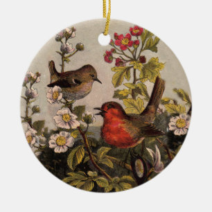 Vintage-Frühlings-Rotkehlchen-Singvögel-Botanik-Bl Keramikornament