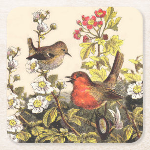 Vintage-Frühlings-Rotkehlchen-Singvögel-Botanik-Bl Rechteckiger Pappuntersetzer