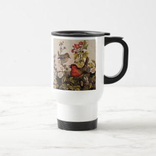 Vintage-Frühlings-Rotkehlchen-Singvögel-Botanik-Bl Reisebecher