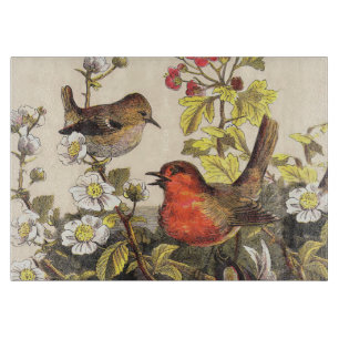 Vintage-Frühlings-Rotkehlchen-Singvögel-Botanik-Bl Schneidebrett