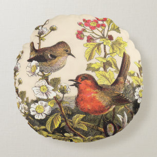 Vintage Frühlings-Rotkehlchen-Singvögel Botanisch Rundes Kissen