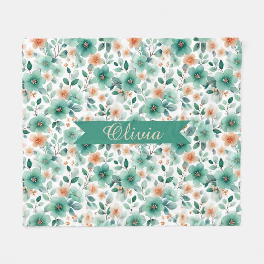 Vintage Frühlingsgrüne Florale Personalisierte Fleecedecke (Vorderseite (Horizontal))