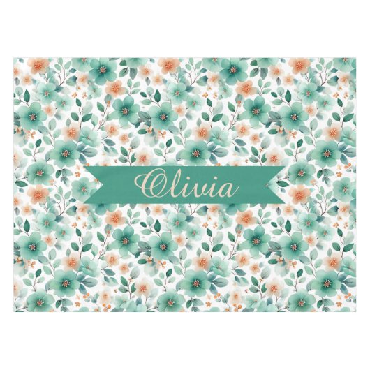 Vintage Frühlingsgrüne Florale Personalisierte Tischdecke (Vorderseite (Horizontal))