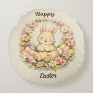 Vintage-Frühlingshase-Blumenkranz Ostern Rundes Kissen