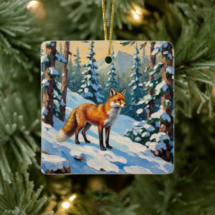 Vintage Fuchs im schneebedeckten Wald Weihnachtsbi Keramikornament