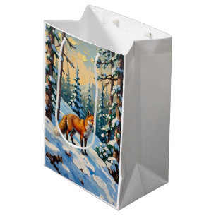 Vintage Fuchs im schneebedeckten Wald Weihnachtsbi Mittlere Geschenktüte