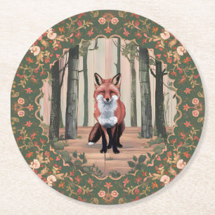 Vintage Fuchs im Wald Naturinspirierte Kunst Runder Pappuntersetzer