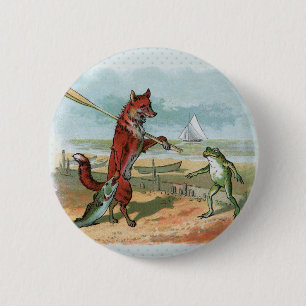 Vintage Fuchs und Frosch Strand Whimsical Illustra Button