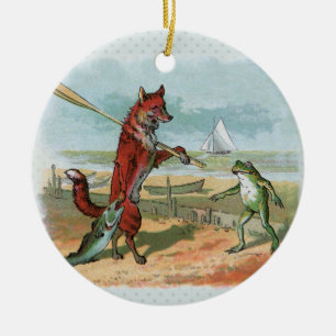 Vintage-Fuchs-und-Frosch-Strand-whimsische Illustr Keramik Ornament
