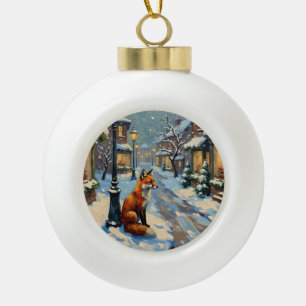 Vintage Fuchs unter Gaslaterne in weihnachtlicher Keramik Kugel-Ornament