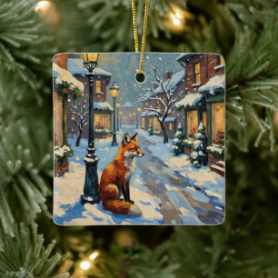 Vintage Fuchs unter Gaslaterne in weihnachtlicher Keramikornament