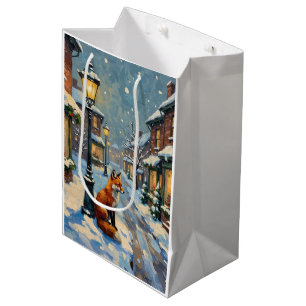 Vintage Fuchs unter Gaslaterne in weihnachtlicher Mittlere Geschenktüte