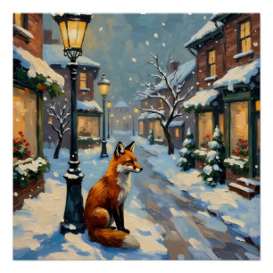 Vintage Fuchs unter Gaslaterne in weihnachtlicher  Poster