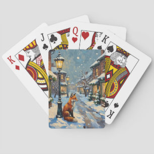 Vintage Fuchs unter Gaslaterne in weihnachtlicher Spielkarten