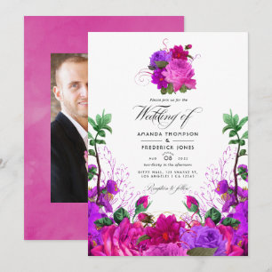 Vintage Fuchsia und lila Blumen Hochzeitsfoto In Einladung