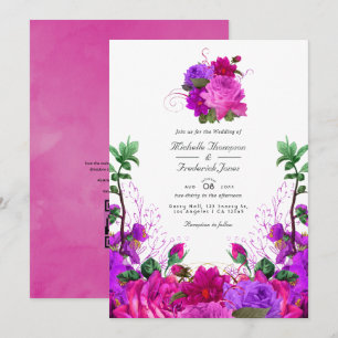 Vintage Fuchsia und Lila Blumige QR-Code-Hochzeit Einladung