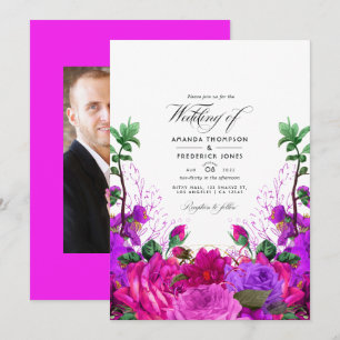 Vintage Fuchsia- und violette Blumen-Hochzeitsfoto Einladung