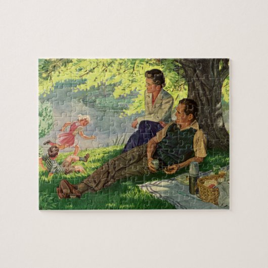 Vintage Fun Family Picnic unter einem Schattenbaum Puzzle (Horizontal)