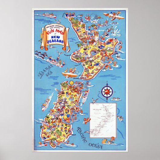 Vintage Fun Map Neuseelands Poster (Vorne)