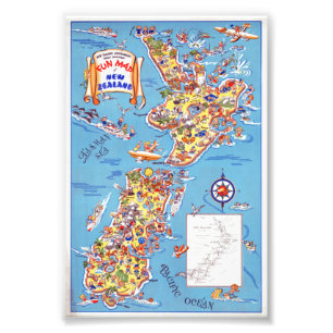 Vintage Fun Map von Neuseeland Poster