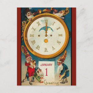 Vintage Fünf Elfen um eine Uhr Frohes Neues Jahr Postkarte