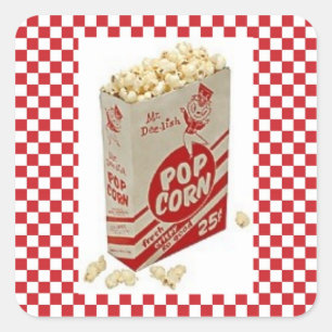 Vintage-Fünfziger-Jahre-Popcorn-Rotkarierte-Aufkle Quadratischer Aufkleber