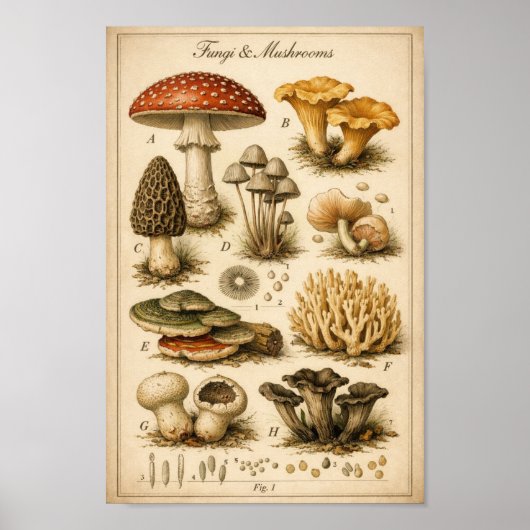 Vintage Fungi Scientific Illustration Poster (Vorne)