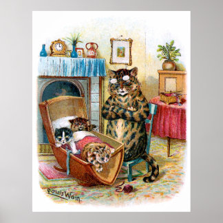 Vintage Funny Cat & Kittens im Kinderspielplatz Poster
