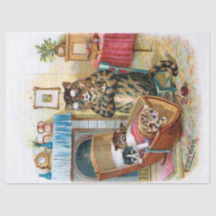 Vintage Funny Cat & Kittens im Wiege Seidenpapier