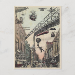 Vintage futuristische Stadtstraße mit fliegenden F Postkarte