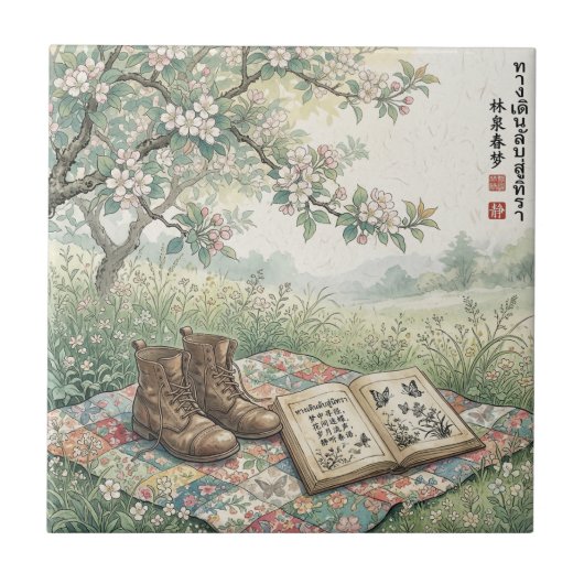 Vintage-Garten-Lesepicknick-Kunst Fliese (Vorderseite)
