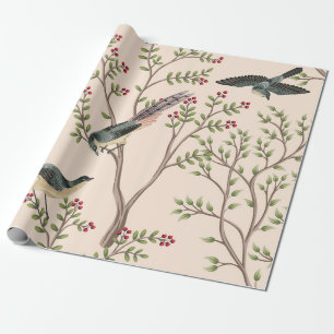 Vintage-Gartenbaum, Vogel Blumen nahtloses Muster Geschenkpapier