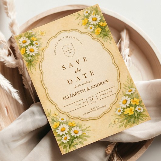 Vintage Gartzeit-Hochzeit mit Gänseblümchen Save The Date