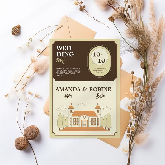 Vintage Gebäude Illustration Hochzeit Einladung