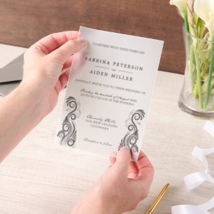Vintage, Geblüht Black Monogram Wedding Pergament Einladungen