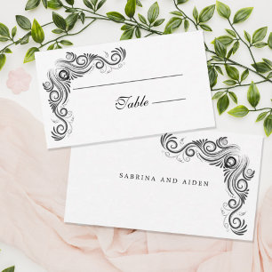 Vintage, Geblüht Black Monogram Wedding Platzkarte