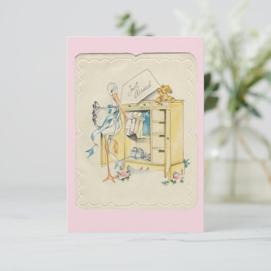 Vintage Geburtsankündigung von "Just Arrived" Einladung (Stehend Vorderseite)