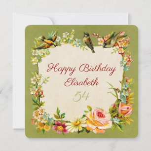 vintage Geburtstag Retro grüne Blumen & Vögel Kart Karte