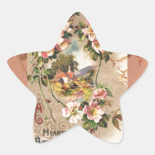 Vintage- Geburtstags-Blumen-Land im viktorianische Stern-Aufkleber