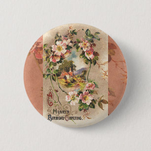 Vintage Geburtstags-Blumen-Landhaus im viktorianis Button