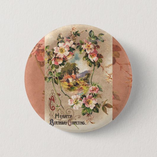 Vintage Geburtstags-Blumen-Landhaus im viktorianis Button (Vorderseite)