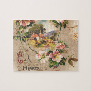 Vintage Geburtstags-Blumen-Landhaus im viktorianis Puzzle