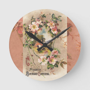 Vintage Geburtstags-Blumen-Landhaus im viktorianis Runde Wanduhr